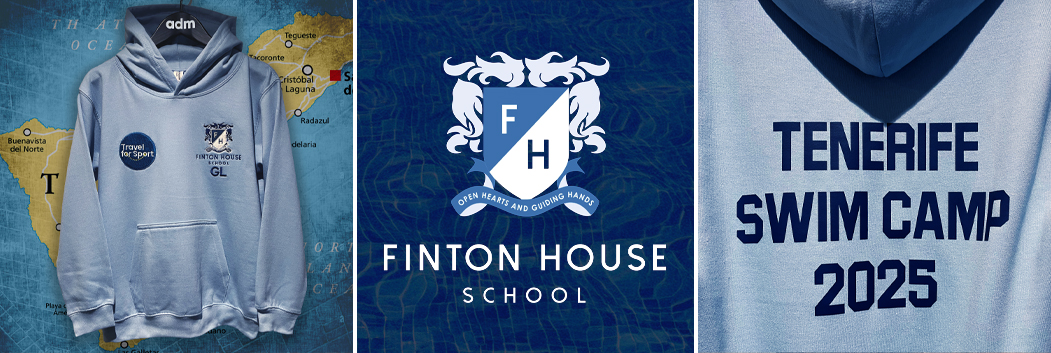 Image to show customised hoodies for Finton House, as well as the school logo